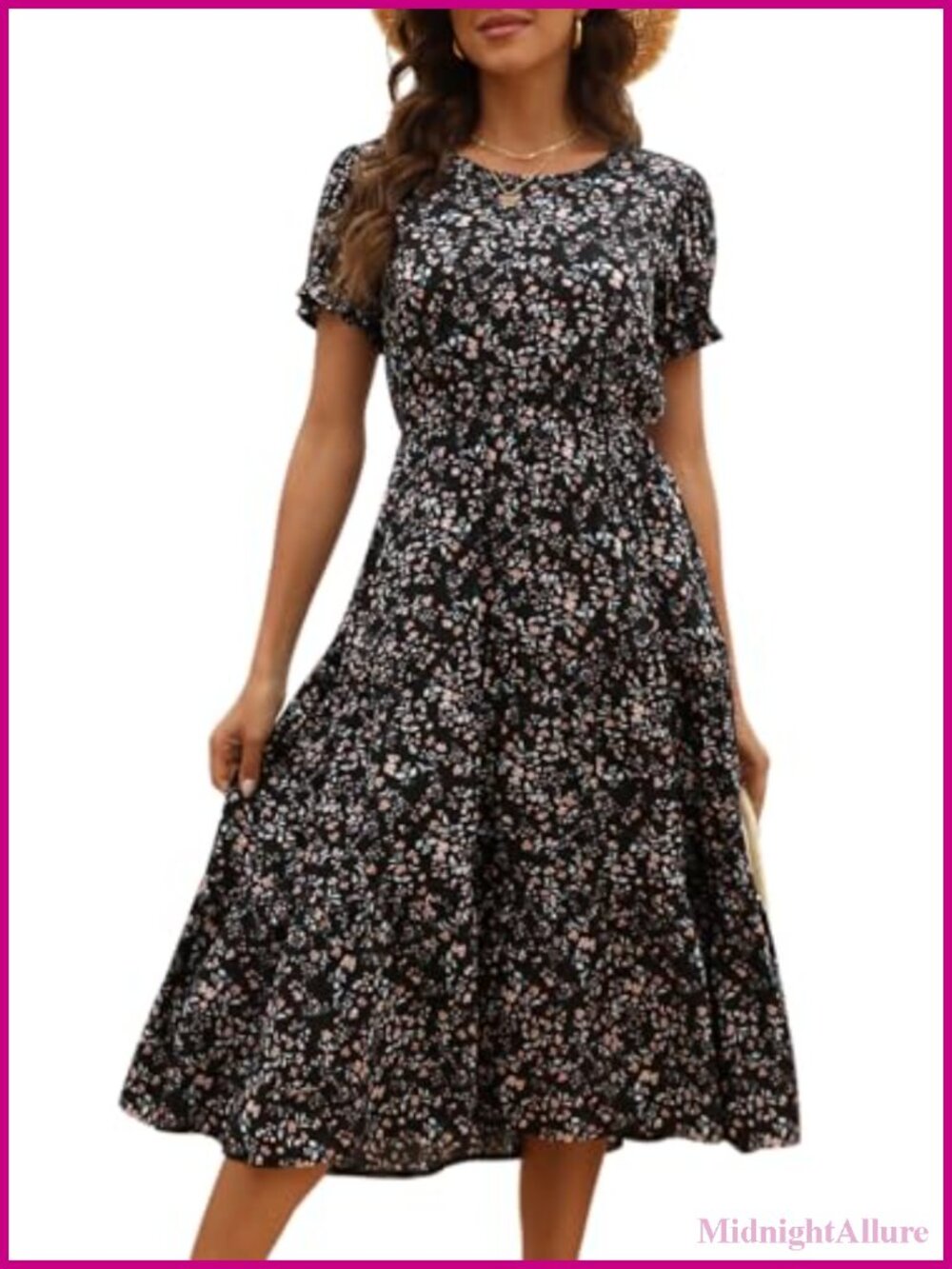 Women's Floral Print Midi Dress with Pockets Modest Boho Tiered Ruffle Puff